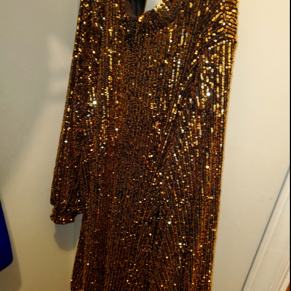Mock Neck Sequin Dress With Puff Sleeve